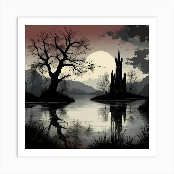 Gothic Inspired Style Castle at Sunset Art PrintS by SMLThreads