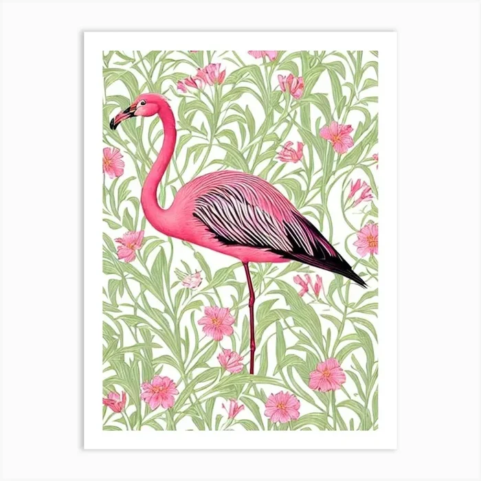 Greater Flamingo William Morris Style Bird Art Print by Featherline