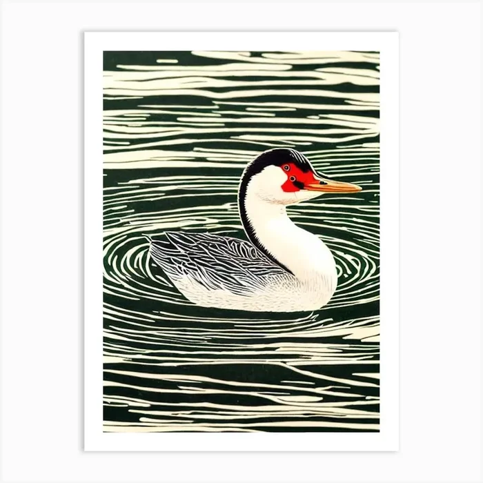 Grebe 2 Linocut Bird Art Print by Featherline