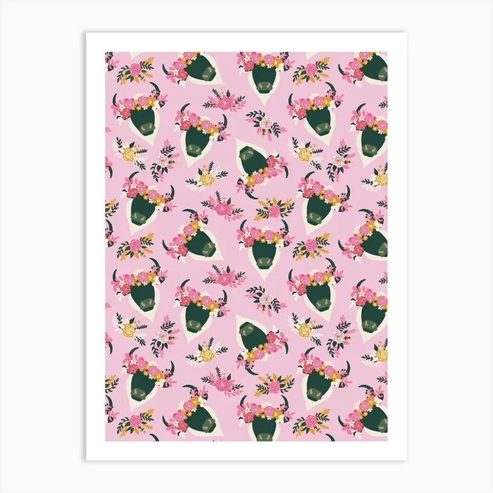 Green Bulls with Flower Crowns on Pink Art Print by Sandra Hutter Designs