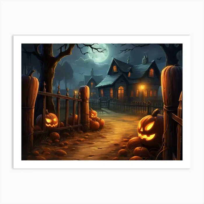Halloween evening village with glowing Jack-o’-lanterns Art Print by DBmedia