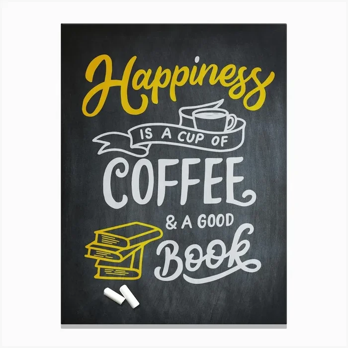 Happiness Is A Cup Of Coffee And A Good Book — coffee poster, kitchen art print, kitchen wall decor, coffee quote, motivational poster Canvas Print by Synthwave1950