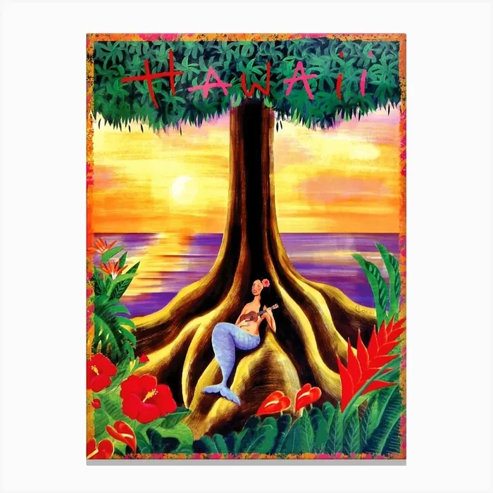 Hawaii, Lonely Mermaid Over The Big Tree Canvas Print by Vintage Spirit