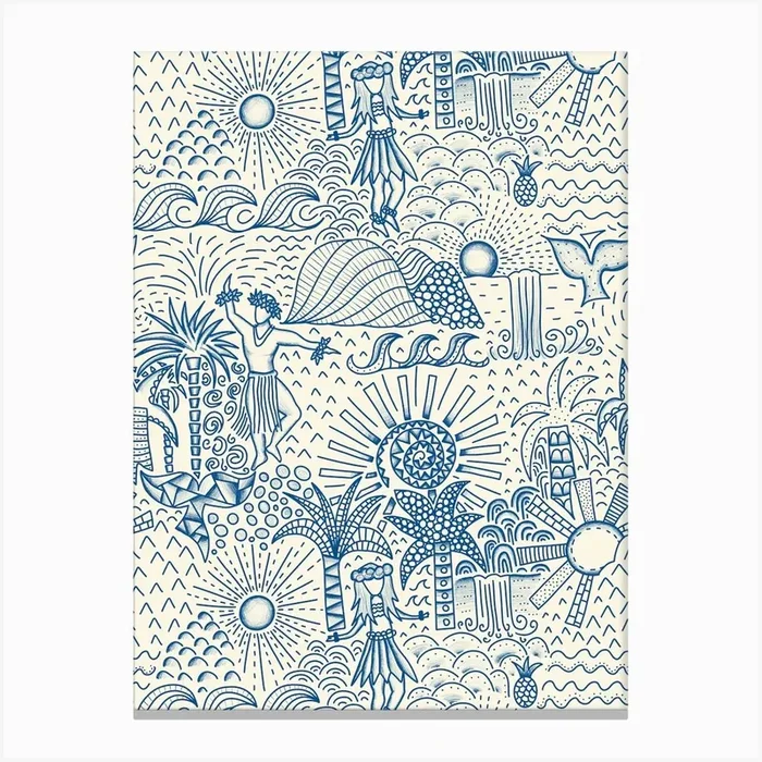 Hawaiian Toile Polynesian Hula Dance Tropical Landscape Navy Blue Cream White Canvas Print by Sandra Hutter Designs