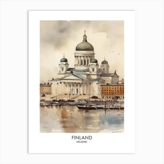 Helsinki, Finland 4 Watercolor Travel Poster Art Print by Fusion Designs