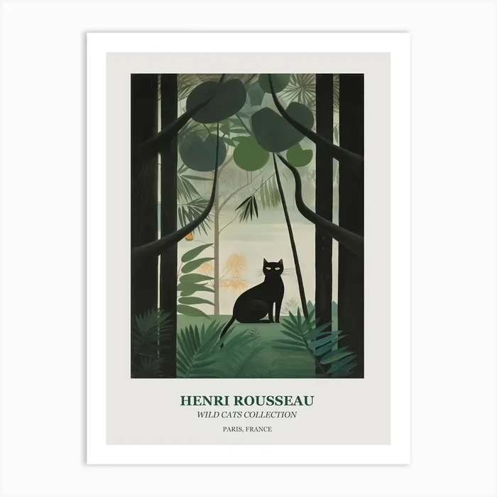 Henri Rousseau Style Wild Cats Collection Black Botanical Art Print by Mambo