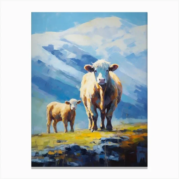Highland Cow & Calf In The Snowy Mountains Canvas Print by Exploring the Highlands