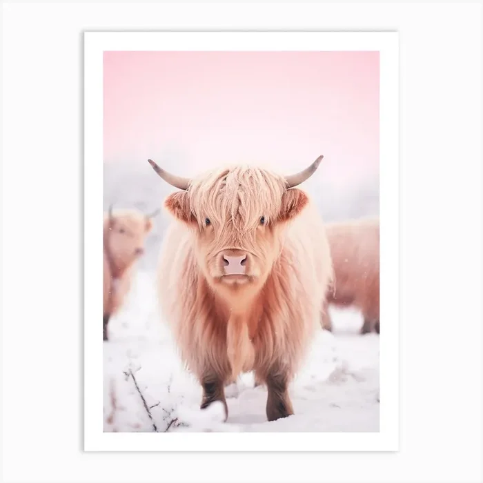 Highland Cow In The Snow Pink Filter Portrait 3 Art Print by Exploring the Highlands