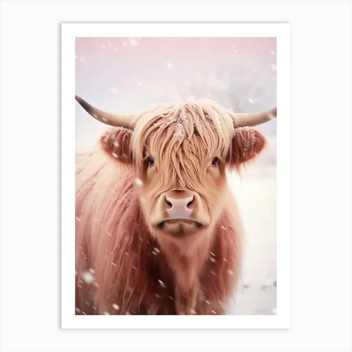 Highland Cow In The Snow Pink Filter Portrait 4 Art Print by Exploring the Highlands