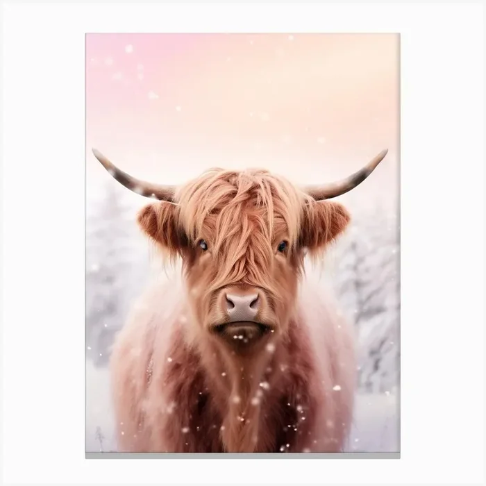 Highland Cow Snow Portrait Pink Filter 4 Canvas Print by Exploring the Highlands