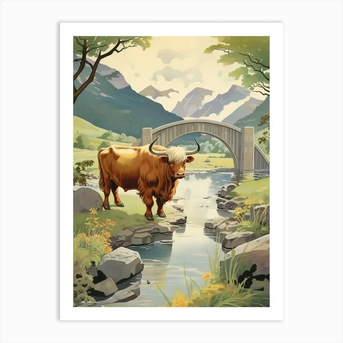 Highland Cow With A Bridge In The Distance Art Print by Exploring the Highlands