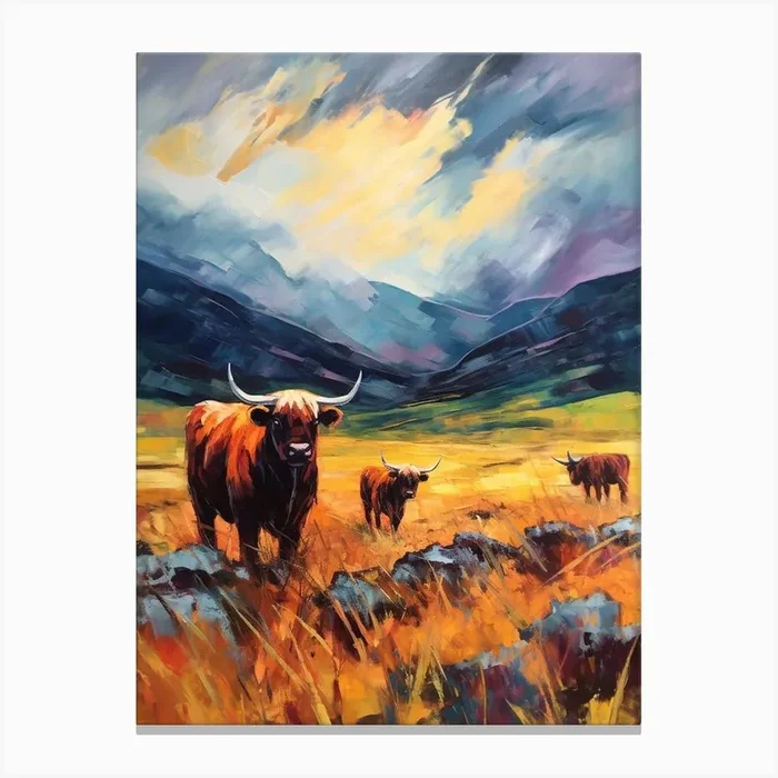 Highland Cows Brushstroke Style Canvas Print by Exploring the Highlands