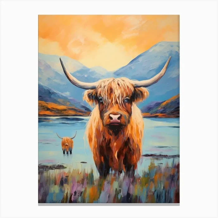 Highland Cows In The Loch Impressionism Style Paintings 1 Canvas Print by Exploring the Highlands