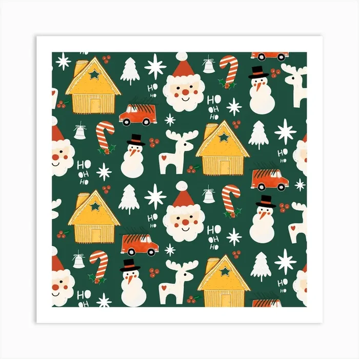 Holiday Christmas Santa Workshop Minimal Retro Green Art Print by Susana Costa