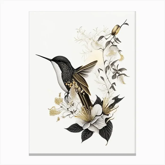 Hummingbird At Sunrise Vintage Gold & Black Canvas Print by Featherline