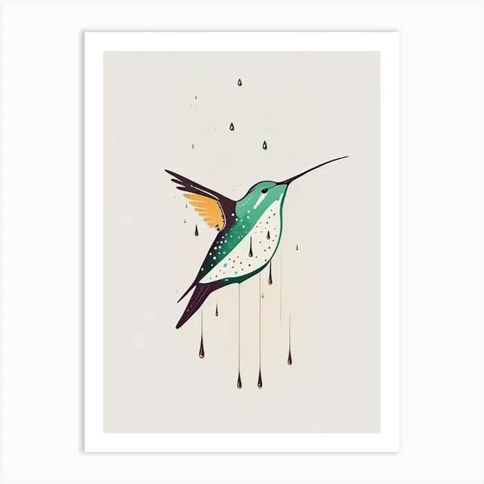 Hummingbird In Rain Retro Minimal Art Print by Featherline