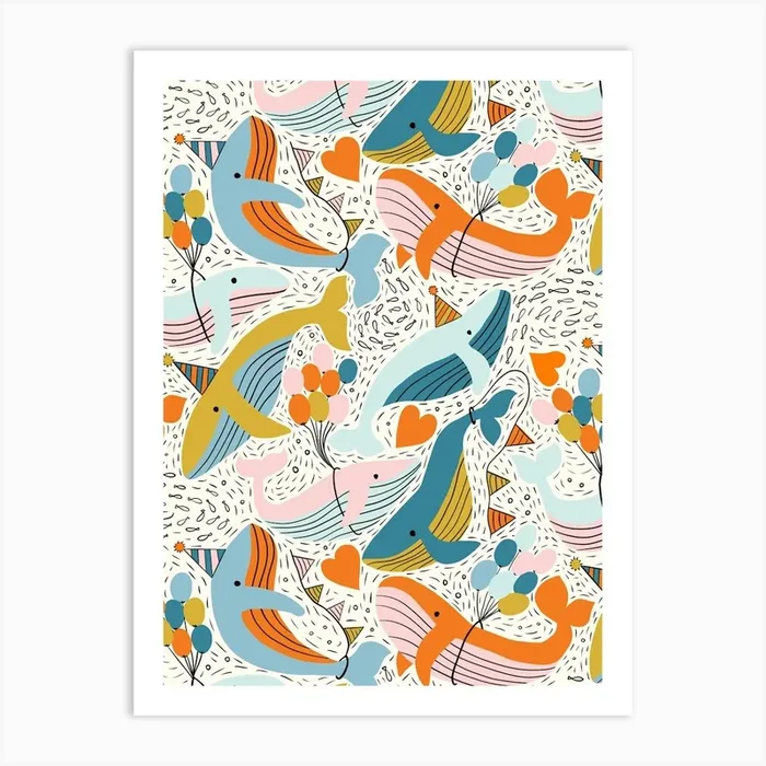 Humpback Whales Have a Birthday Party Bright Pastel Kids Art Print by Sandra Hutter Designs