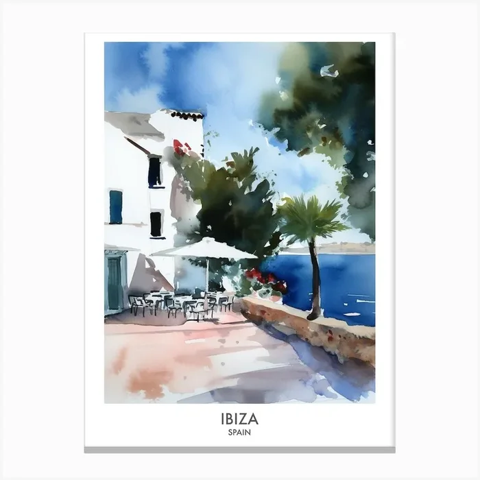 Ibiza Spain Watercolour Travel Poster 2 Canvas Print by Fusion Designs