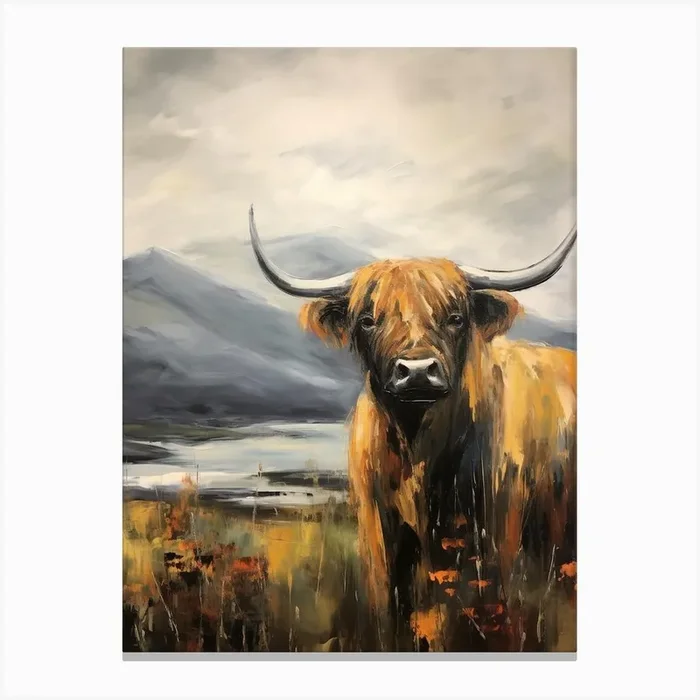 Impressionism Style Painting Of Highland Cow In The Valley 1 Canvas Print by Exploring the Highlands