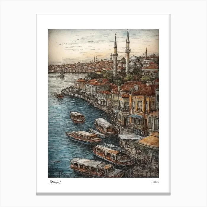 Istanbul Turkey Drawing Pencil Style 1 Travel Poster Canvas Print by Fusion Designs