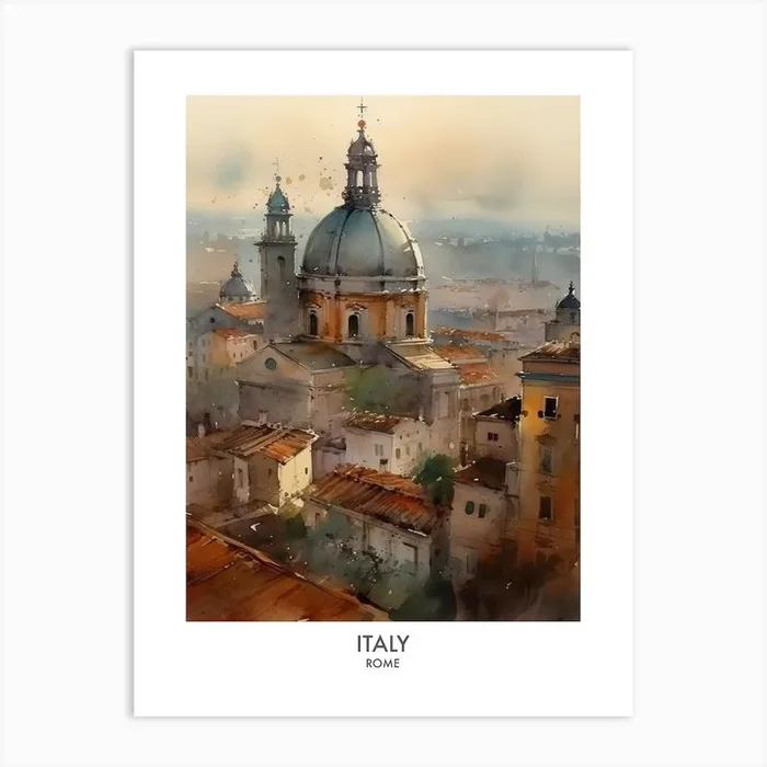 Italy, Rome 1 Watercolor Travel Poster Art Print by Fusion Designs