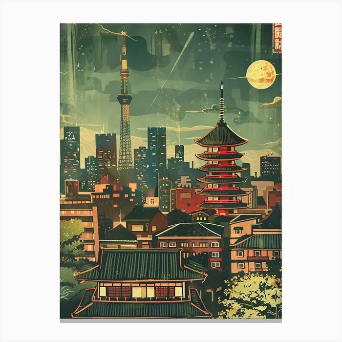 Japan At Night Mid Century Modern Travel Canvas Print by Japan Journey