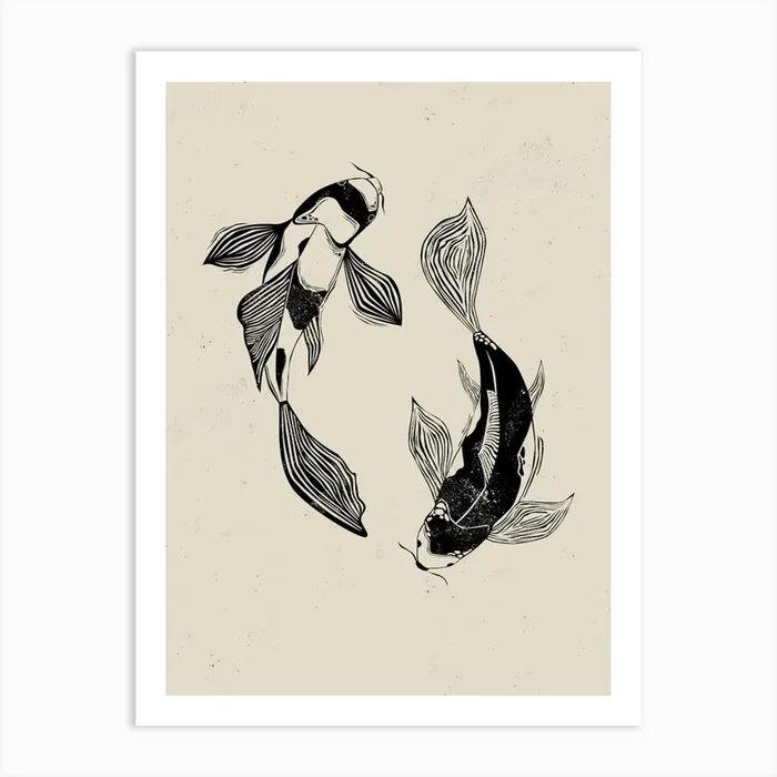 Koi Fish Linocut Stile Art Print by Indigo Rain