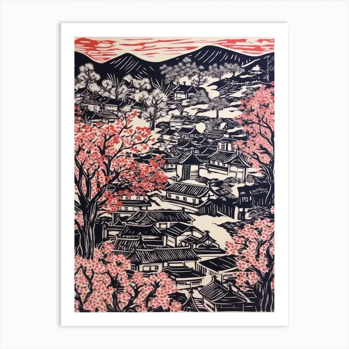 Kyoto Cherry Season Japan Linocut Illustration Style 2 Art Print by Fusion Designs