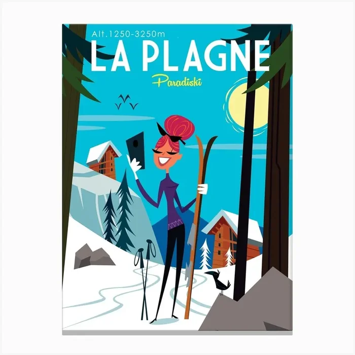 La Plagne Ski Poster Blue & White Canvas Print by Gary Godel