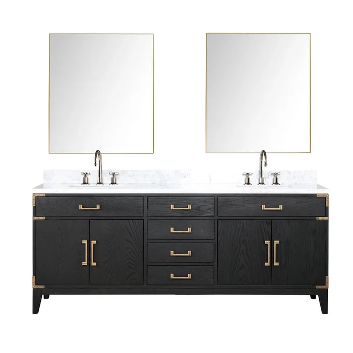 Laurel 80 in W x 22 in D Black Oak Double Bath Vanity, Carrara Marble Top, Faucet Set, and 36 in Mirrors