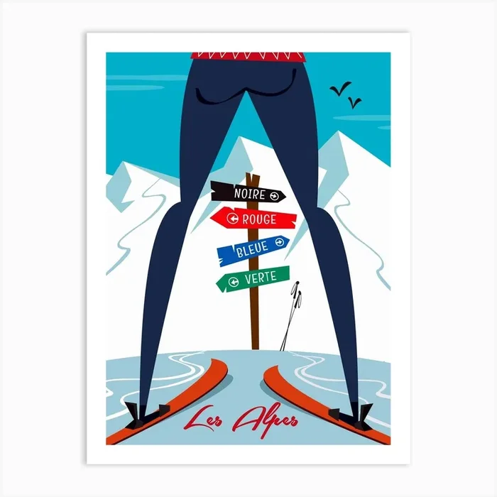 Les Alpes Piste Sign Poster Blue & White Art Print by Gary Godel