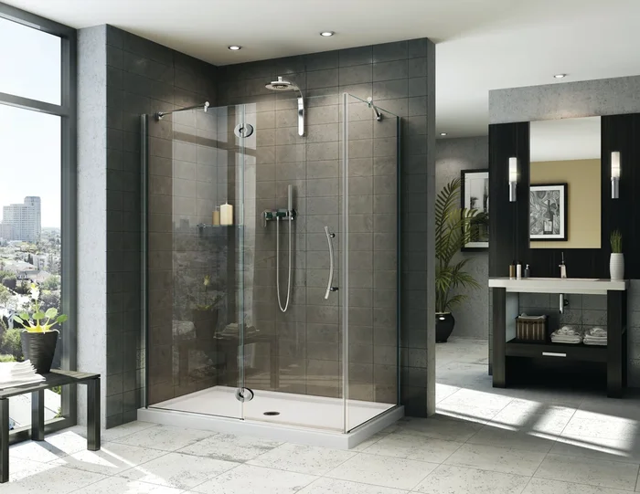 Lexus Left Handed Rectangle Hinge 2 sided Shower Door with Flat Handle & Flat Towel Bar – 46 “