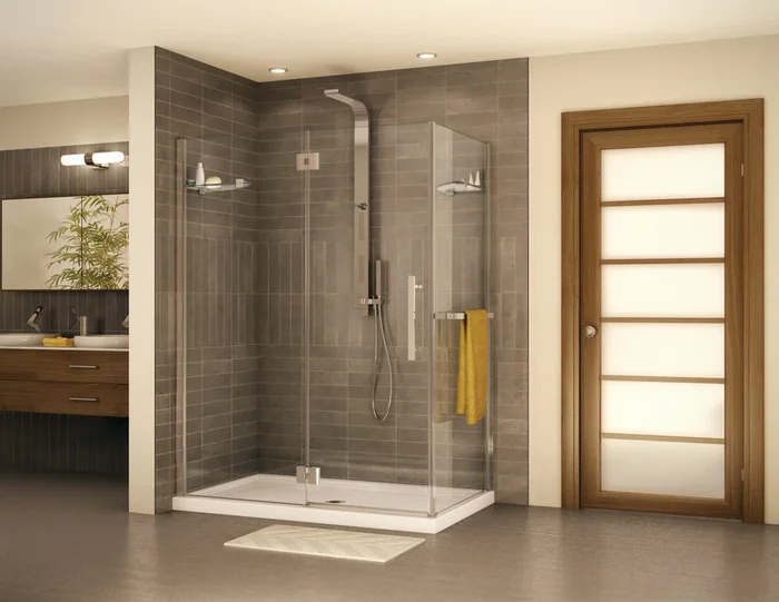 Lexus Right Handed Rectangle Hinge 2 sided Shower Door with Flat Handle & Round Towel Bar – 56 “
