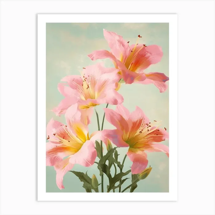 Lilies Flowers Acrylic Painting In Pastel Colours 4 Art Print by Fusion Designs