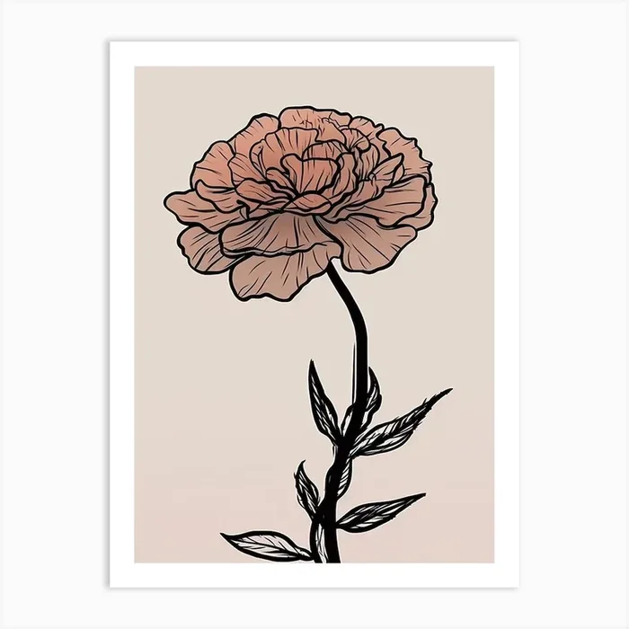 Line Art Marigold Flowers Illustration Neutral 8 Art Print by Fusion Designs