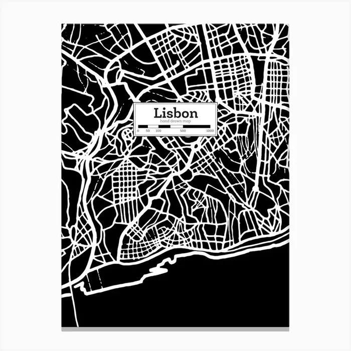 Lisbon City Map, Portugal — Hand-drawn map, vector black map Canvas Print by Synthwave1950