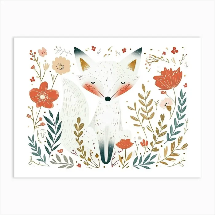 Little Floral Arctic Fox 2 Art Print by Scribble Studio