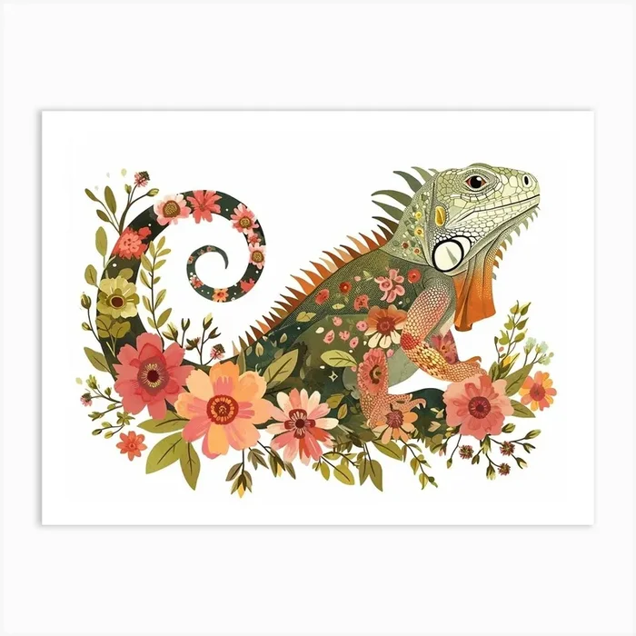Little Floral Iguana 3 Art Print by Scribble Studio