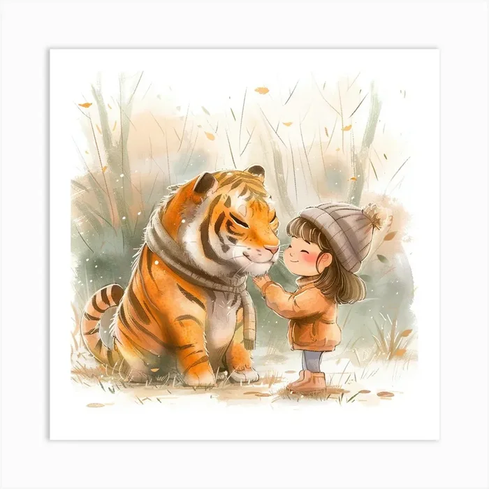 Little Girl And Tiger Art Print by Happy Wall Art