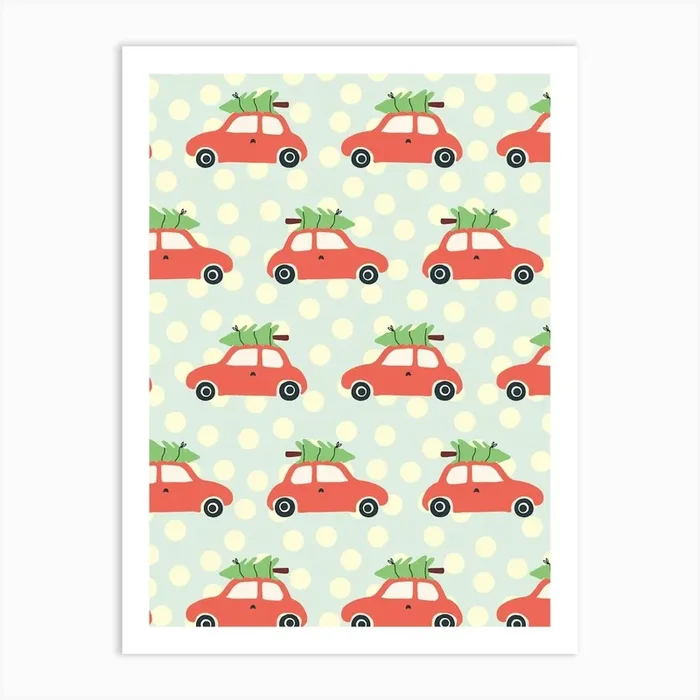 Little Red Cars with Bright Green Christmas Trees Light Blue and Cream Polka Dot Art Print by Sandra Hutter Designs