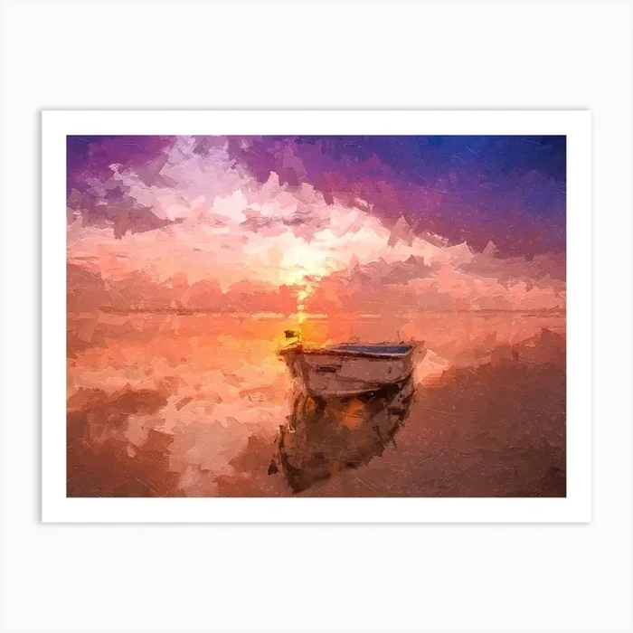 Lonely Boat In The River At Sunset Oil Painting Landscape Art Print by Yanis Does