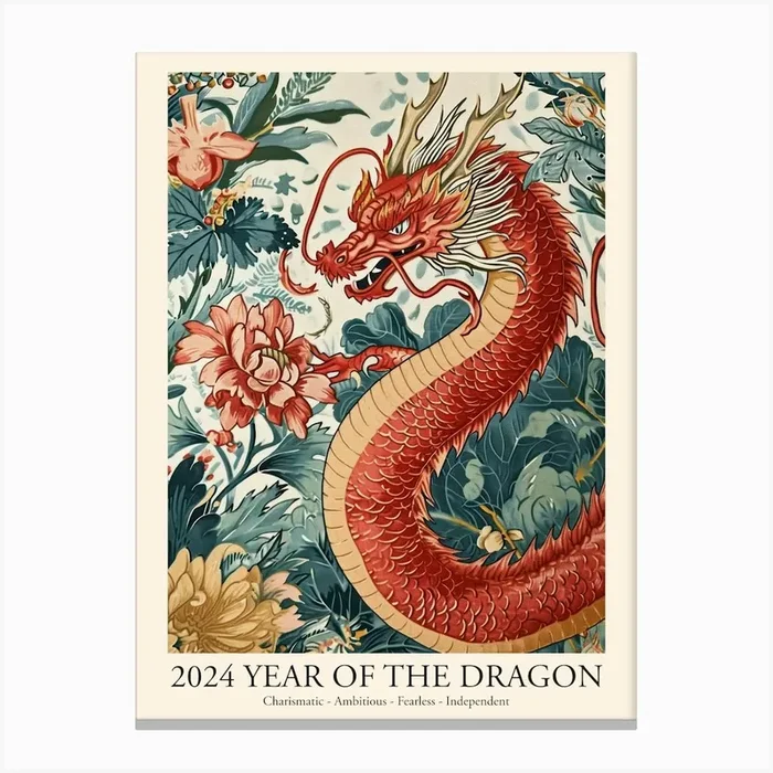 Lunar Year Of The Dragon 2024 Red Dragon Art Chinese Zodiac Blue Flowers Canvas Print by Mambo