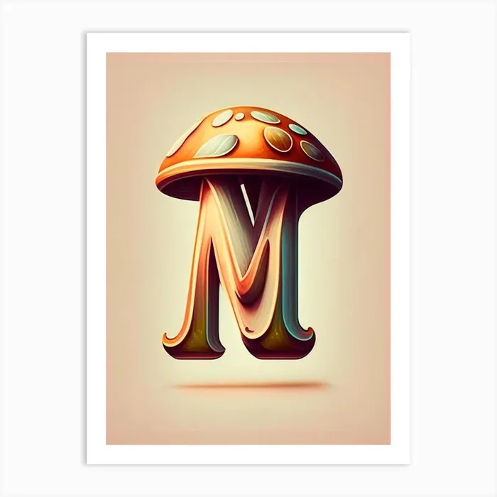 M Mushroom, Letter, Alphabet Retro Drawing 3 Art PrintAA by Artful ABCs