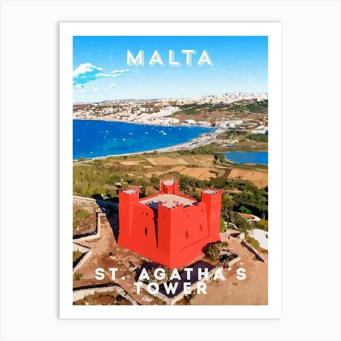 Malta, St.Agatha’s tower/Red tower — Retro travel minimalist poster Art Print by Synthwave1950