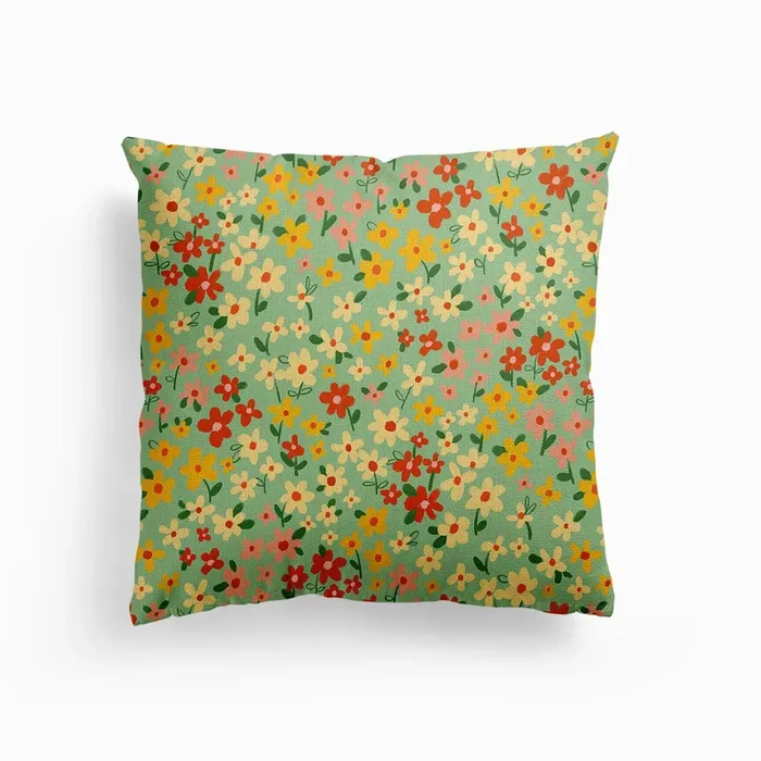 Meadow Ditsy Floral Pattern Seafoam Canvas Cushion by Kate McFarlane