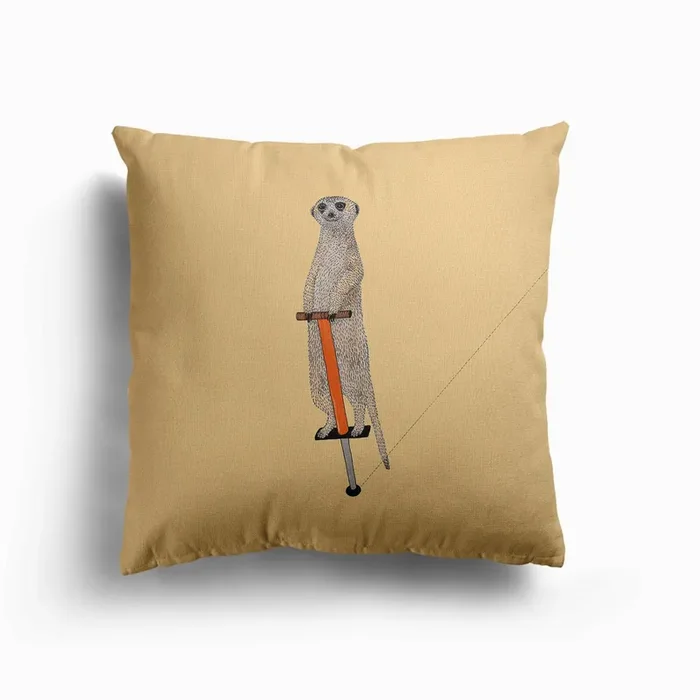Meerkat On A Pogo Stick Canvas Cushion by Martina Scott