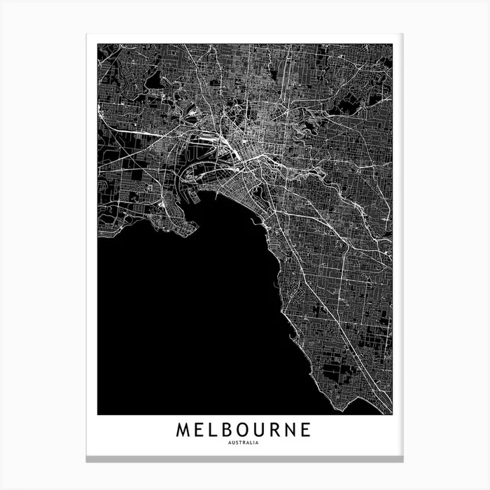 Melbourne Black And White Map Canvas Print by multipliCITY