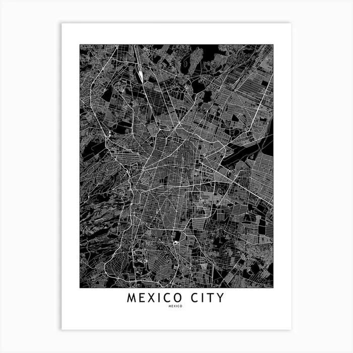 Mexico City Black And White Map Art Print by multipliCITY