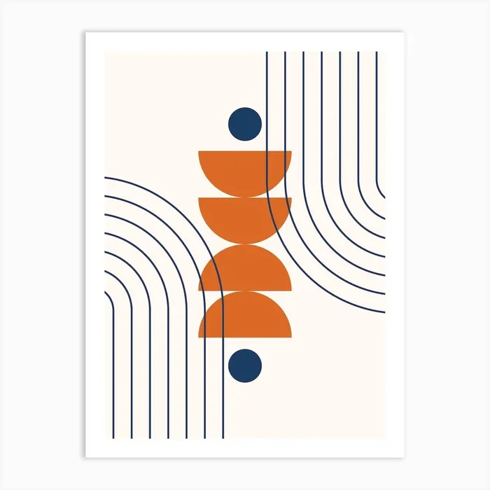 Mid Century Modern Geometric Abstract, Rainbow, Sun and Moon Phases, Scandinavian in Navy Blue Orange Art Print by NineFlorals