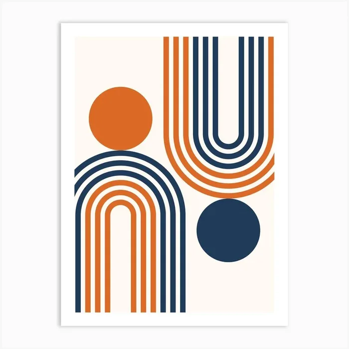 Mid Century Modern Geometric in classy navy blue burnt orange (Rainbow and Sun Abstract Design) 2 Art Print by NineFlorals